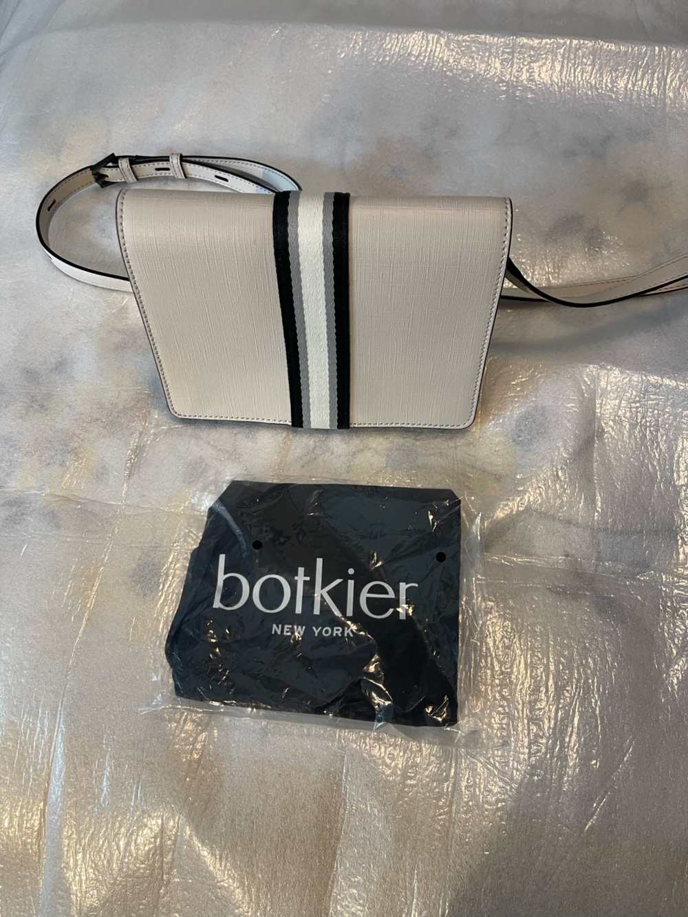 Botkier White Crossbody Light Grey with Black/White Stripe Detail With Dust Bag